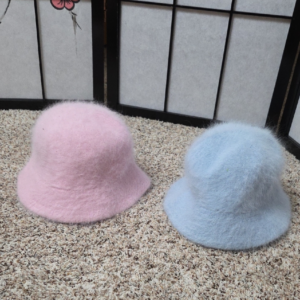 2 Fuzzy Angora Rabbit Hair Blend Bucket Hats Bundle Sky Blue And Light Pink